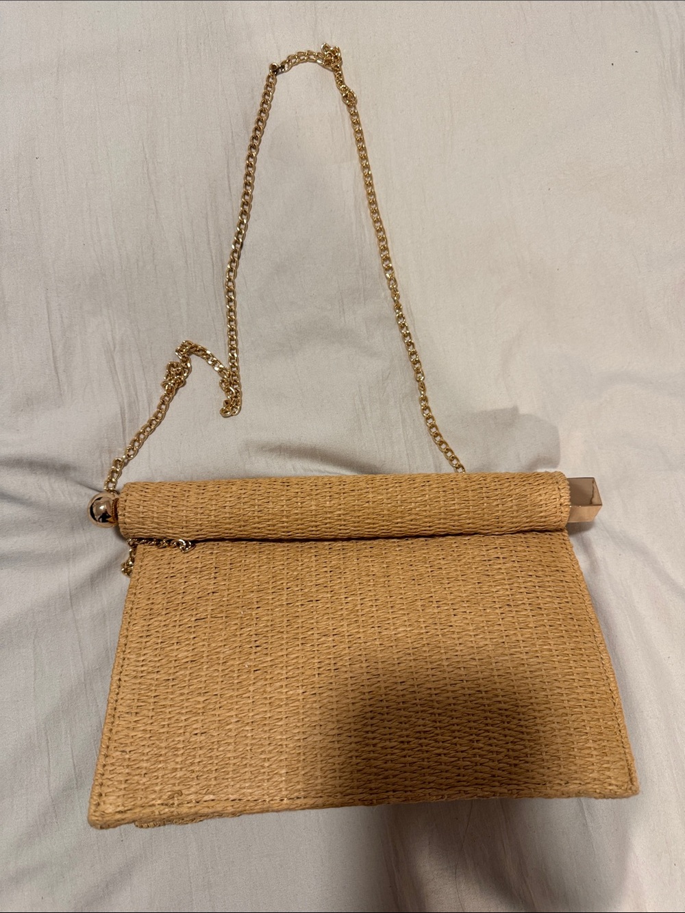 Woven Tan Crossbody Bag with Gold Chain Strap